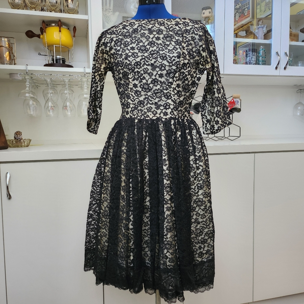 Vtg 1950s Black Lace Illusion Dress XS VLV